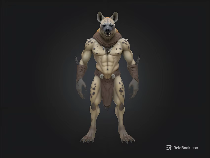 Muscular Hyena Humanoid Creature With Spotted Skin And Tribal Attire 3d model 