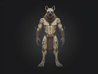Muscular Hyena Humanoid Creature With Spotted Skin And Tribal Attire 3d model