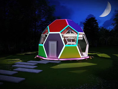 Colorful Polyhedral Guesthouse Building With Night Lawn And Moonlit Steps 3d model