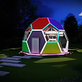 Colorful Polyhedral Guesthouse Building With Night Lawn And Moonlit Steps