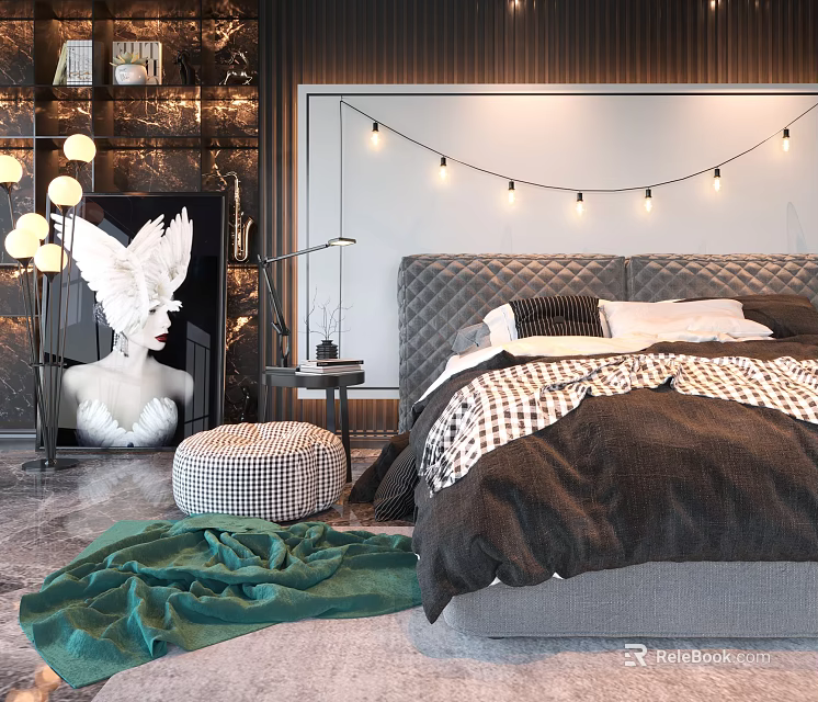 Elegant Modern Double Bed Interior With Upholstered Headboard String Lights And Throw Blanket 3d model