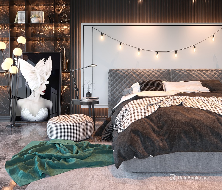 Elegant Modern Double Bed Interior With Upholstered Headboard String Lights And Throw Blanket 3d model 