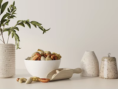 Ornamental Decor Set With Vase Green Leaves White Bowl Nuts Wooden Scoop And Speckled Jars 3d model