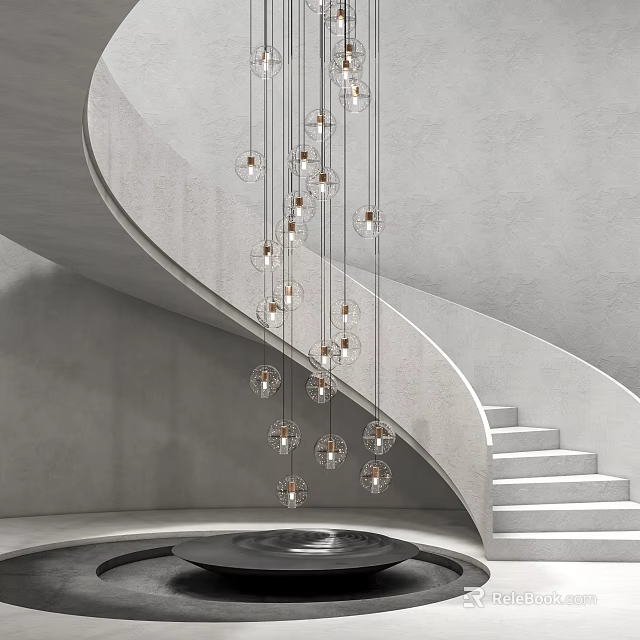 Modern Glass Globe Chandelier with Multiple Spheres Hanging in Spiral Staircase Interior 3d model 