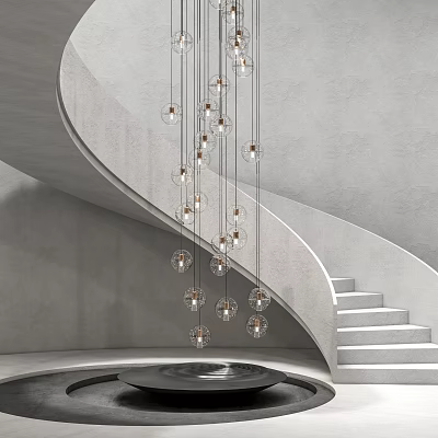 Modern Glass Globe Chandelier with Multiple Spheres Hanging in Spiral Staircase Interior 3d model