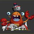 Cartoon Red Crab With Small Ship House On Back And White Clouds Around Green Base