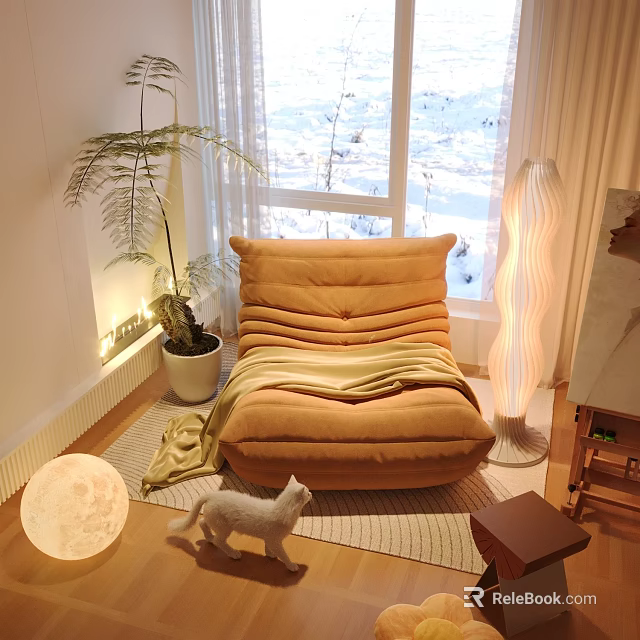 Cozy Orange Velvet Single Sofa by Window with Plants Floor Lamp and Cat 3d model 