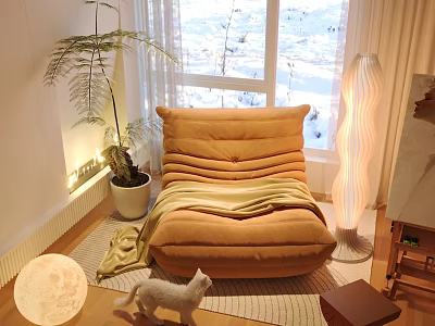 Cozy Orange Velvet Single Sofa by Window with Plants Floor Lamp and Cat 3d model