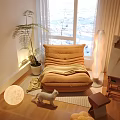 Cozy Orange Velvet Single Sofa by Window with Plants Floor Lamp and Cat