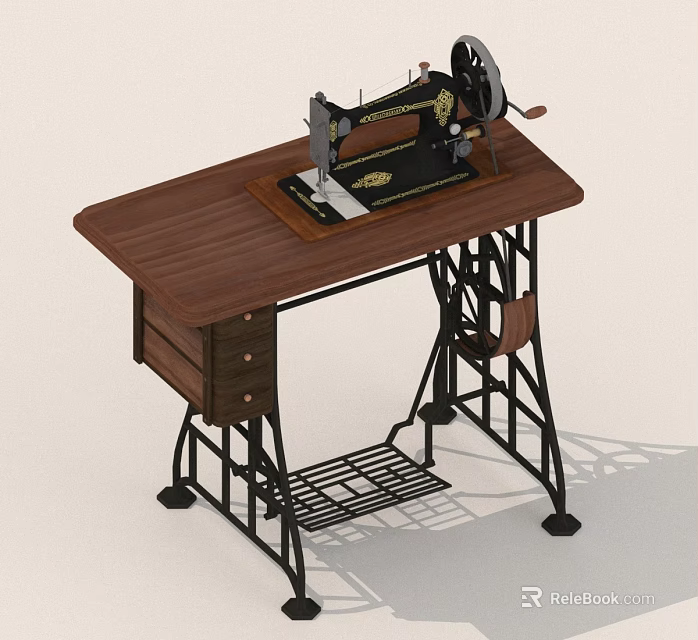 Antique Sewing Machine Resting On Wooden Tabletop With Drawer And Metal Stand 3d model 