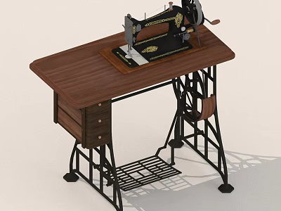 Antique Sewing Machine Resting On Wooden Tabletop With Drawer And Metal Stand 3d model