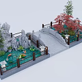 Square Landscape With Rock Formations Bamboo Koi Fish Pond Stone Bridge And Red Maple Tree 3d model