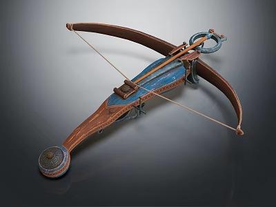 Antique Traditional Crossbow With Wooden Structure Blue Decoration And Metal Parts 3d model