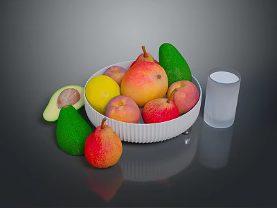 Fresh Colorful Fruits in White Bowl with Avocado and Glass of Water 3d model