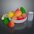 Fresh Colorful Fruits in White Bowl with Avocado and Glass of Water