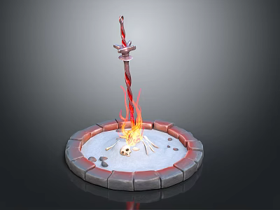 Flaming Sword With Red Hilt On Round Stone Platform Featuring Flames And Skull Decorations 3d model