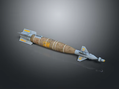 Military Bomb With Brown Body Yellow Markings Blue Stabilizer Fins And Gray Nose Cone 3d model
