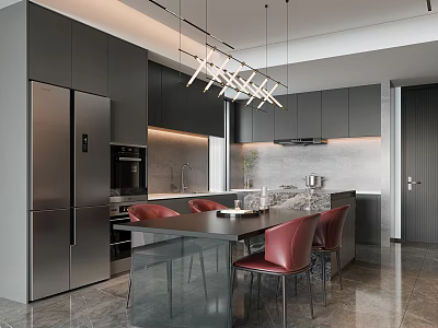 Modern Restaurant Kitchen With Gray Cabinets Stainless Steel Refrigerator Island Red Chairs And Pendant Lights 3d model