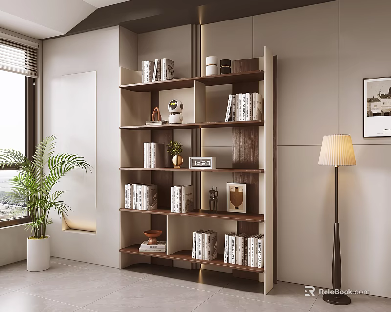 Modern Bookcase in Stylish Room Interior with Books Decorations Green Plant and Floor Lamp 3d model 