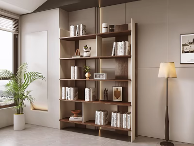 Modern Bookcase in Stylish Room Interior with Books Decorations Green Plant and Floor Lamp 3d model