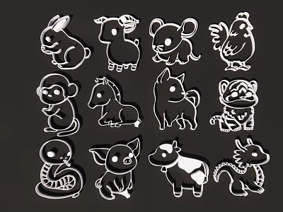 Cute Black White Cartoon Zodiac Animal Pendants For Home Decor 3d model