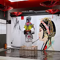 Traditional Chinese Interior With Red Lanterns Peking Opera Mural And Ink Wash Art