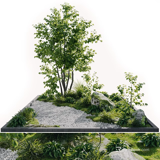 Modern Garden Landscape Design With Trees Gravel Rocks And Green Plants 3d model 
