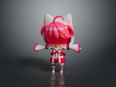 Cute 3D Character With Pink Hair And Cat Ears In Red White Outfit 3d model