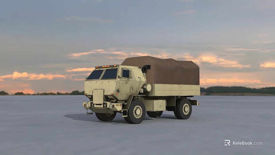 Beige Military Truck With Canvas Covered Cargo Bed In Open Field Sunset Sky 3d model 