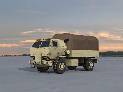 Beige Military Truck With Canvas Covered Cargo Bed In Open Field Sunset Sky 3d model