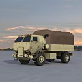 Beige Military Truck With Canvas Covered Cargo Bed In Open Field Sunset Sky
