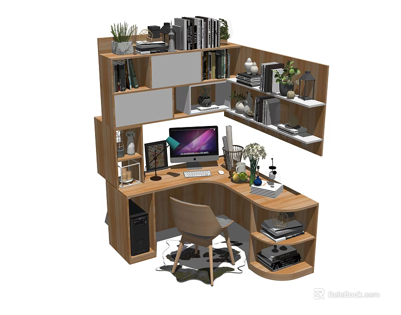 Modern L Shaped Wooden Desk With Storage Shelves Computer Monitor Plants And Decorations 3d model 