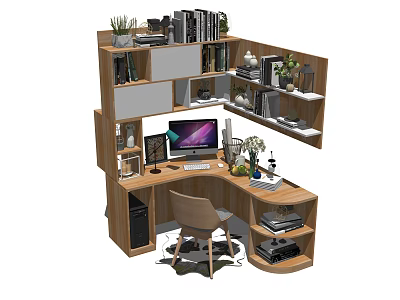 Modern L Shaped Wooden Desk With Storage Shelves Computer Monitor Plants And Decorations 3d model