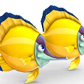 Colorful Yellow And Blue Cartoon Fish With Long Noses Big Eyes And Striped Fins