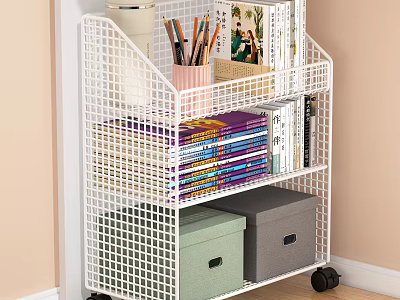 White Mesh Rolling Storage Cart With Multiple Tiers For Books Boxes And Stationery 3d model