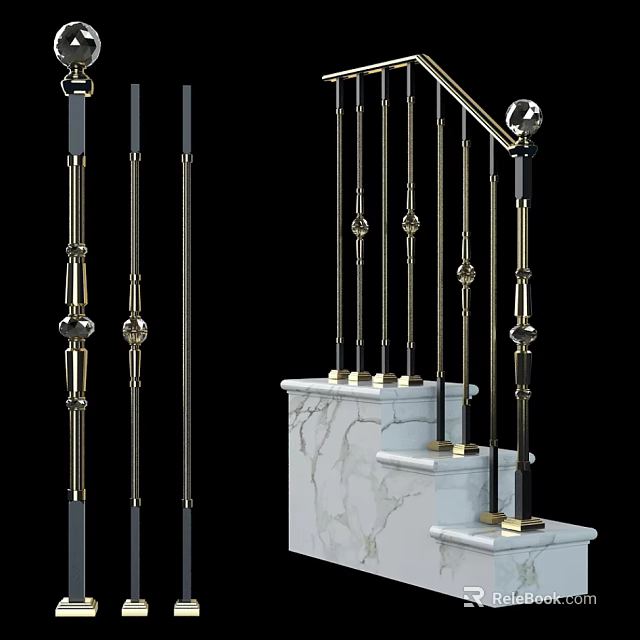 Elegant Golden Metal Railings With Decorative Balusters And Marble Stair Steps 3d model 