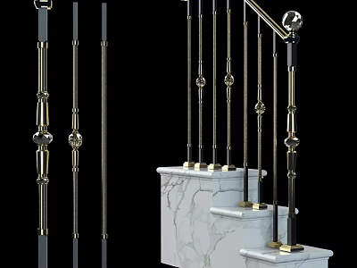 Elegant Golden Metal Railings With Decorative Balusters And Marble Stair Steps 3d model