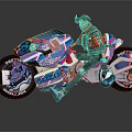 Cyberpunk Style Motorcycle With Blue Pink Body Tiger Graphics Red Jacket Rider And Pink Wheels