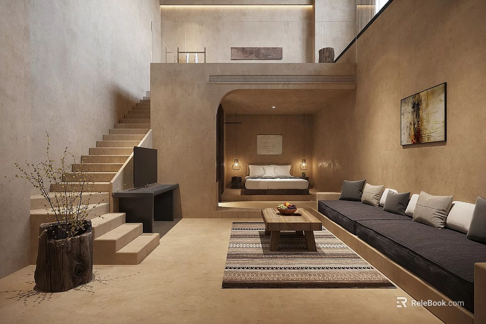 Modern Natural Hotel Room Interior With Staircase Open Space Sofa Bed And Area Rug 3d model 