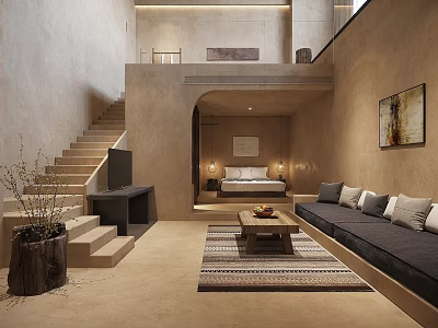 Modern Natural Hotel Room Interior With Staircase Open Space Sofa Bed And Area Rug 3d model