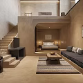 Modern Natural Hotel Room Interior With Staircase Open Space Sofa Bed And Area Rug