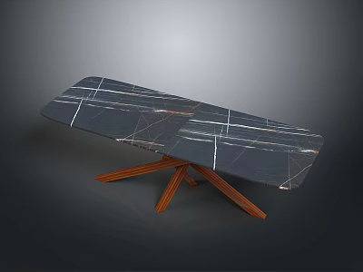 Modern Black Marble Dining Table with White Veins and Wooden Cross Legs 3d model