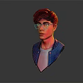 3D Digital Art Character Bust Young Man with Glasses Brown Hair Blue Jacket Gray Background