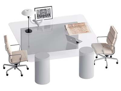 Transparent Office Desk With White Cylindrical Supports Table Lamp Monitor And Beige Rolling Chairs 3d model