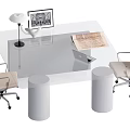 Transparent Office Desk With White Cylindrical Supports Table Lamp Monitor And Beige Rolling Chairs