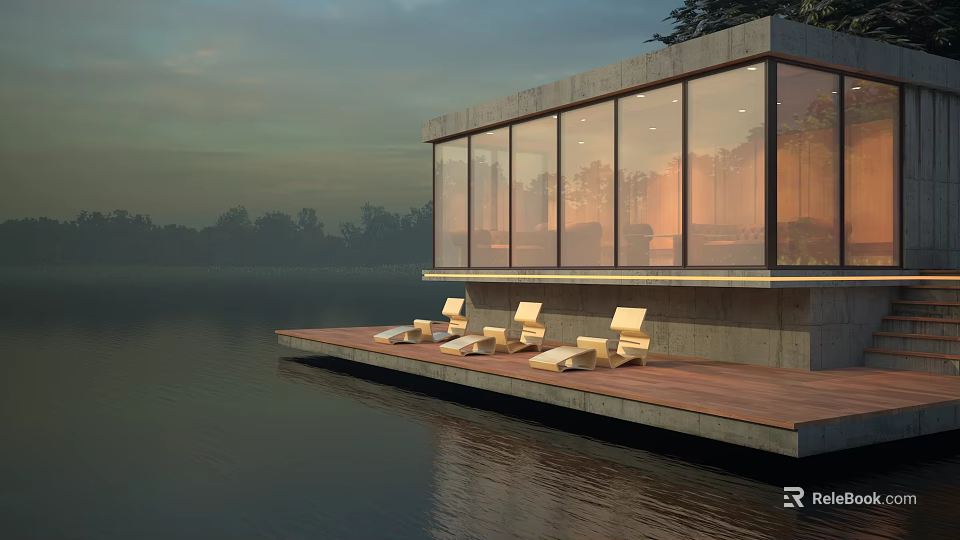 Lakefront Single Family Villa With Large Glass Windows Wooden Deck And Lounge Chairs At Sunset 3d model 