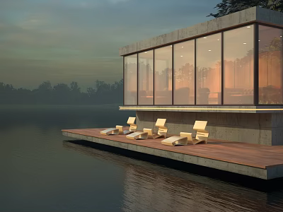 Lakefront Single Family Villa With Large Glass Windows Wooden Deck And Lounge Chairs At Sunset 3d model