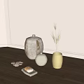 Minimalist Decorative Ornament Set With Pottery Jar Yellow Vase Dried Reeds Pebbles And White Block