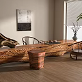 New Chinese Style Root Carving Wood Tea Table and Chair Rectangular 3d model