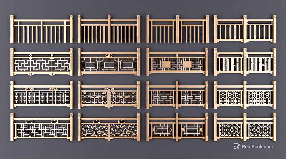 Traditional Wooden Fences With Various Intricate Carved Patterns And Classic Lattice Designs 3d model 